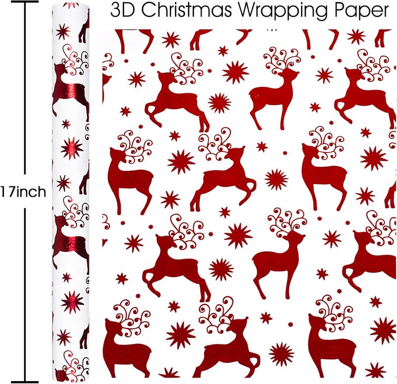 Yarcony Kraft Christmas Wrapping Paper, Cute Vintage 3D Reindeer Wrapping Paper, Luxury Red Christmas Deer Design Gift Wrap with 3D Embossed Foil for New Year, Holiday,Vacation (17 Inch X 33 Feet) - Image 3